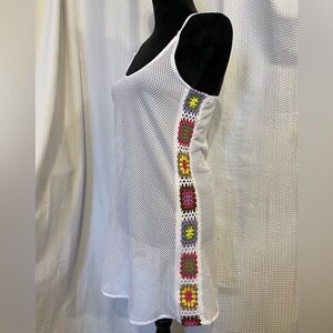 No Boundaries white & multicolored granny square crochet swim cover-up XS NWT